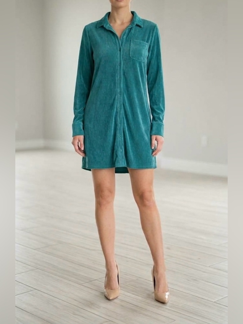 Fashion Nova Teal Green Plisse Shirt Dress XL L Long Sleeve Mini Tunic